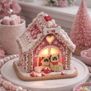 NWT Love & Cupcakes Gingerbread Dog House LED Valentine’s Day Pugs Coquette Pink